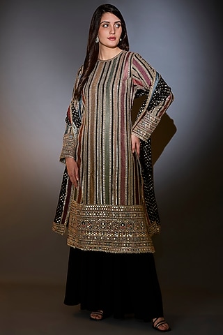 Multi-Colored Georgette Zari Work Striped Kurta Set by Kasbah