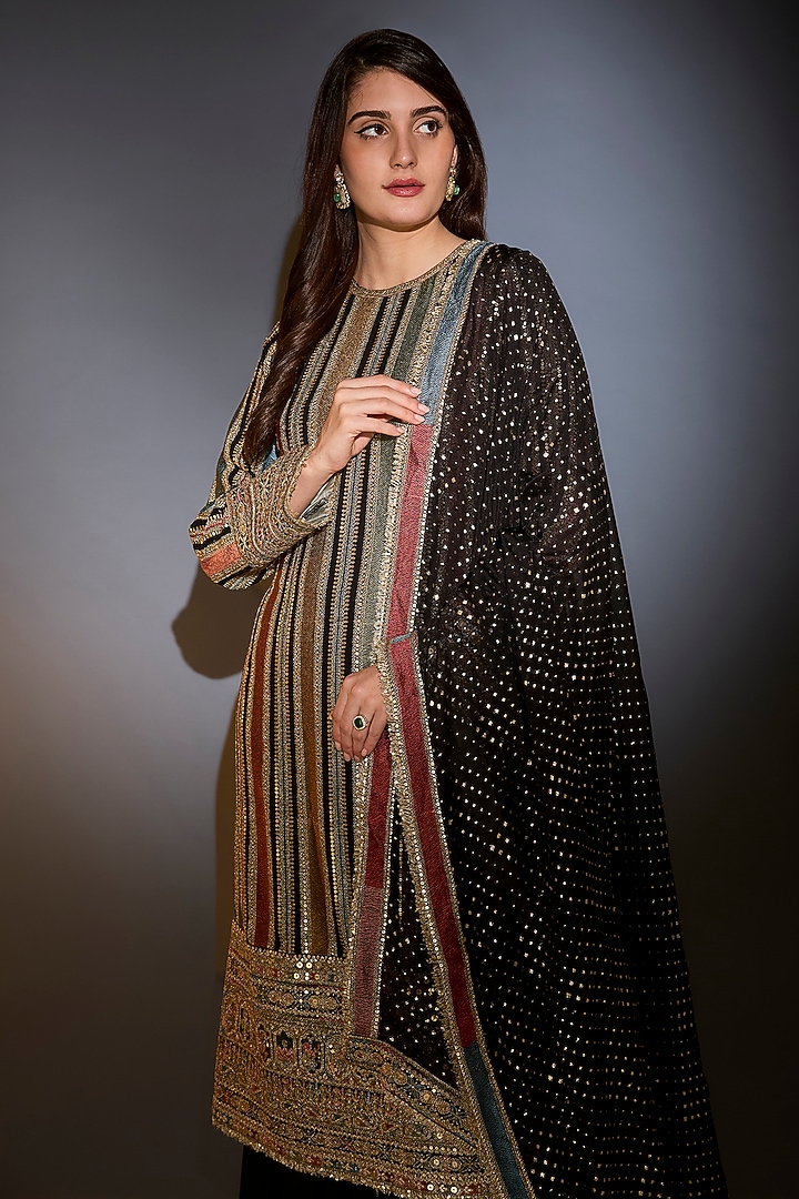 Multi-Colored Georgette Zari Work Striped Kurta Set by Kasbah at Pernia's Pop Up Shop