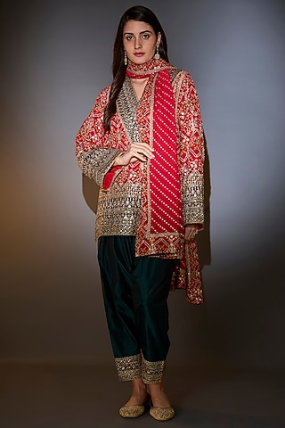 Red Georgette Aari Hand Embroidered Kurta Set by Kasbah