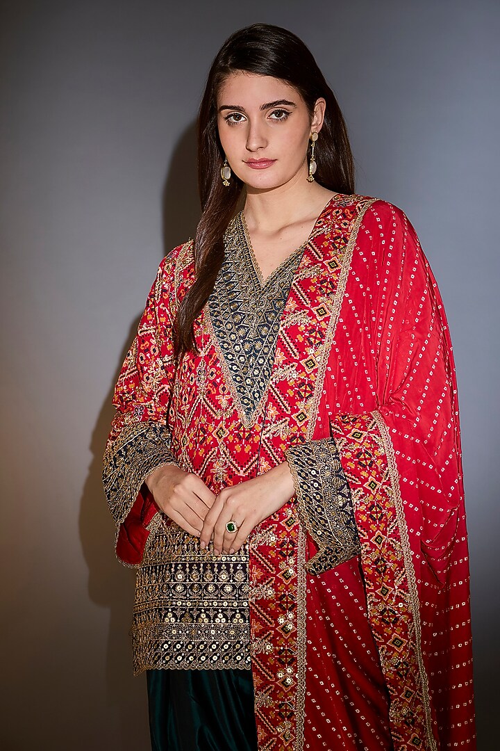 Red Georgette Aari Hand Embroidered Kurta Set by Kasbah at Pernia's Pop Up Shop