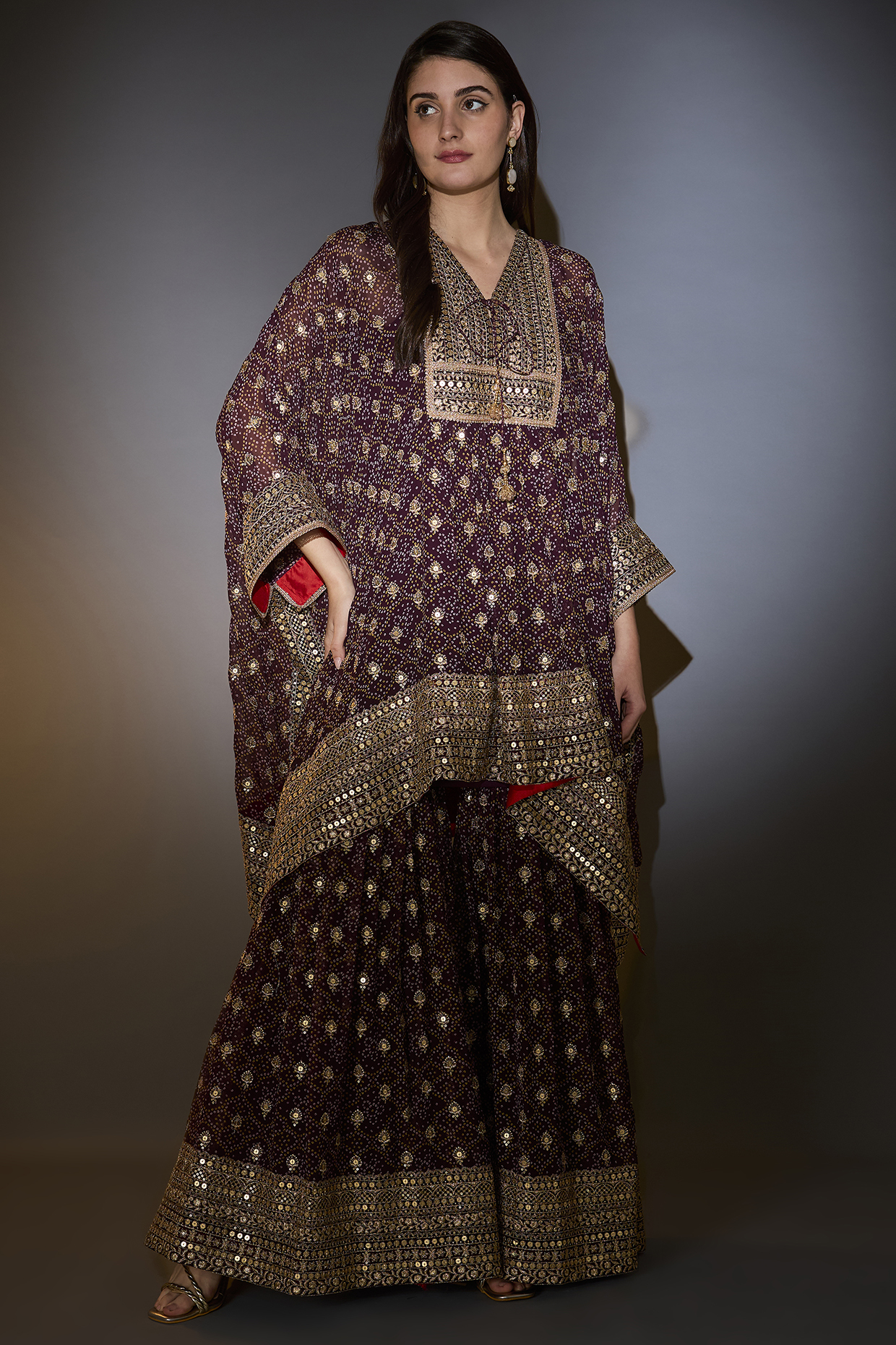 Wine Georgette Printed & Embroidered Kaftan Set by Kasbah at Pernia's Pop Up Shop