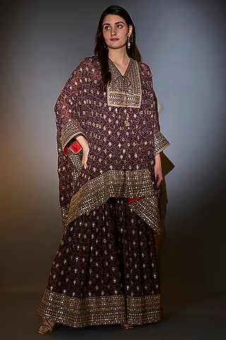 Wine Georgette Printed & Embroidered Kaftan Set by Kasbah