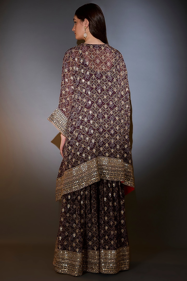 Wine Georgette Printed & Embroidered Kaftan Set by Kasbah at Pernia's Pop Up Shop