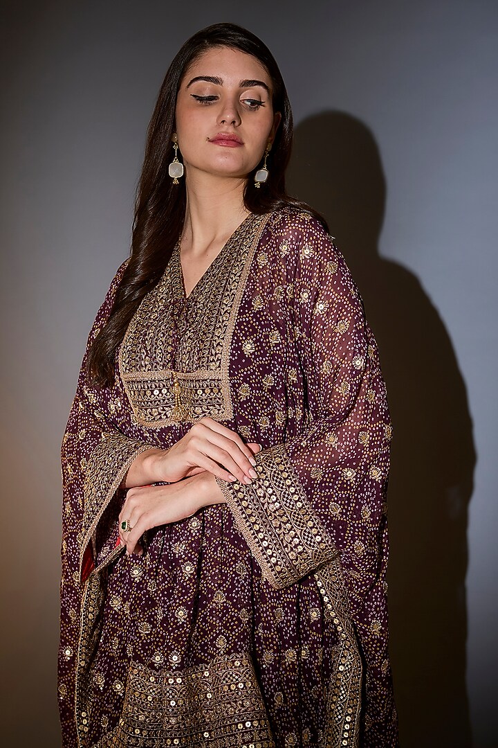 Wine Georgette Printed & Embroidered Kaftan Set by Kasbah at Pernia's Pop Up Shop
