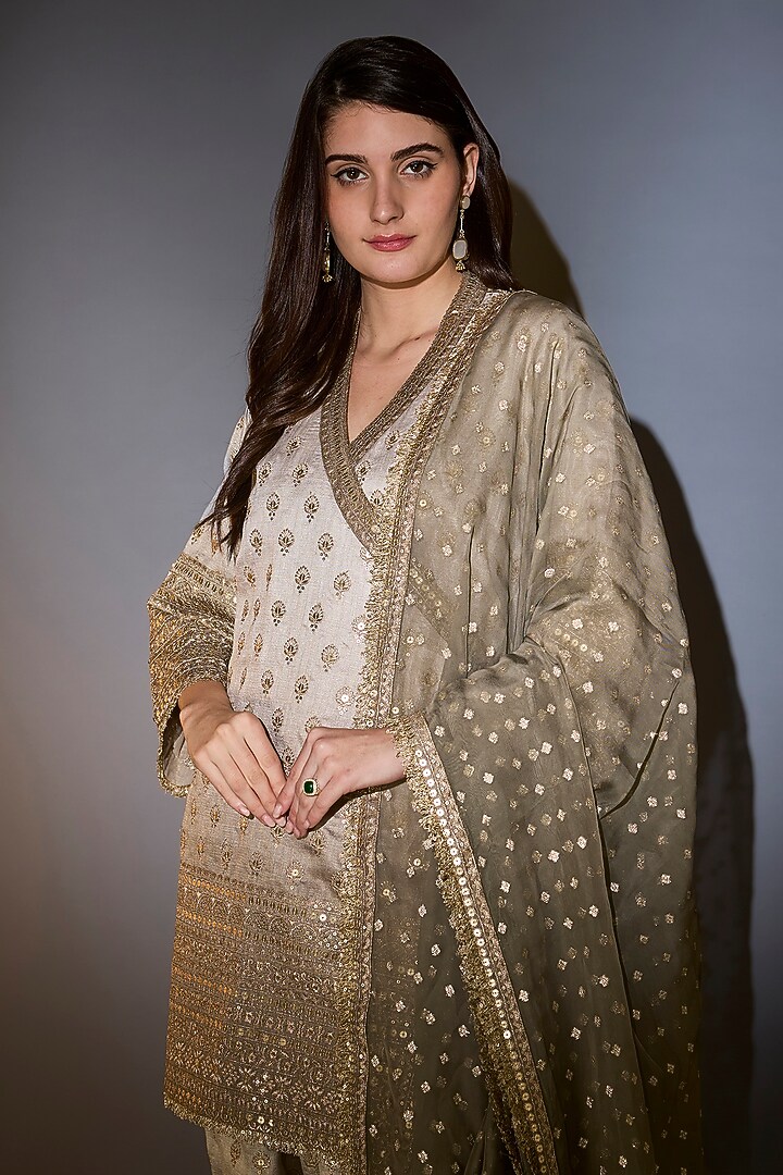 Sage Green Silk Zari & Sequin Embroidered Kurta Set by Kasbah at Pernia's Pop Up Shop