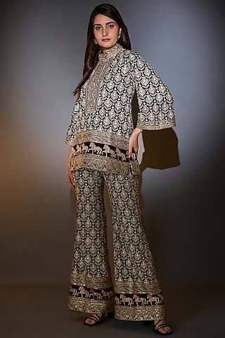 Black Georgette Thread Embroidered Co-Ord Set by Kasbah