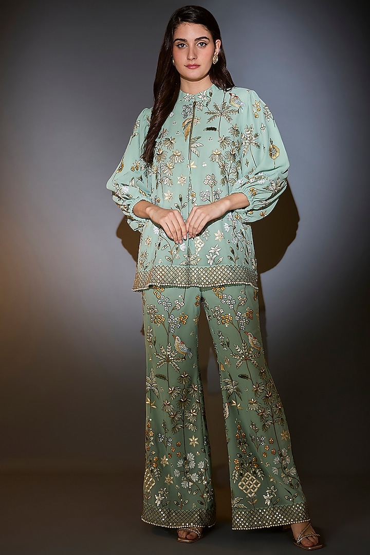 Sage Green Georgette Thread & Floral Embroidered Co-Ord Set by Kasbah at Pernia's Pop Up Shop