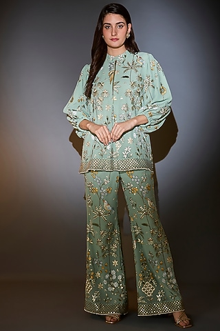 Sage Green Georgette Thread & Floral Embroidered Co-Ord Set by Kasbah