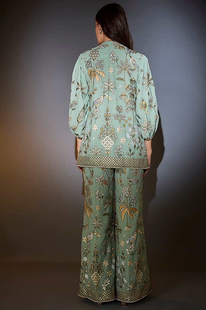 Sage Green Georgette Thread & Floral Embroidered Co-Ord Set by Kasbah at Pernia's Pop Up Shop