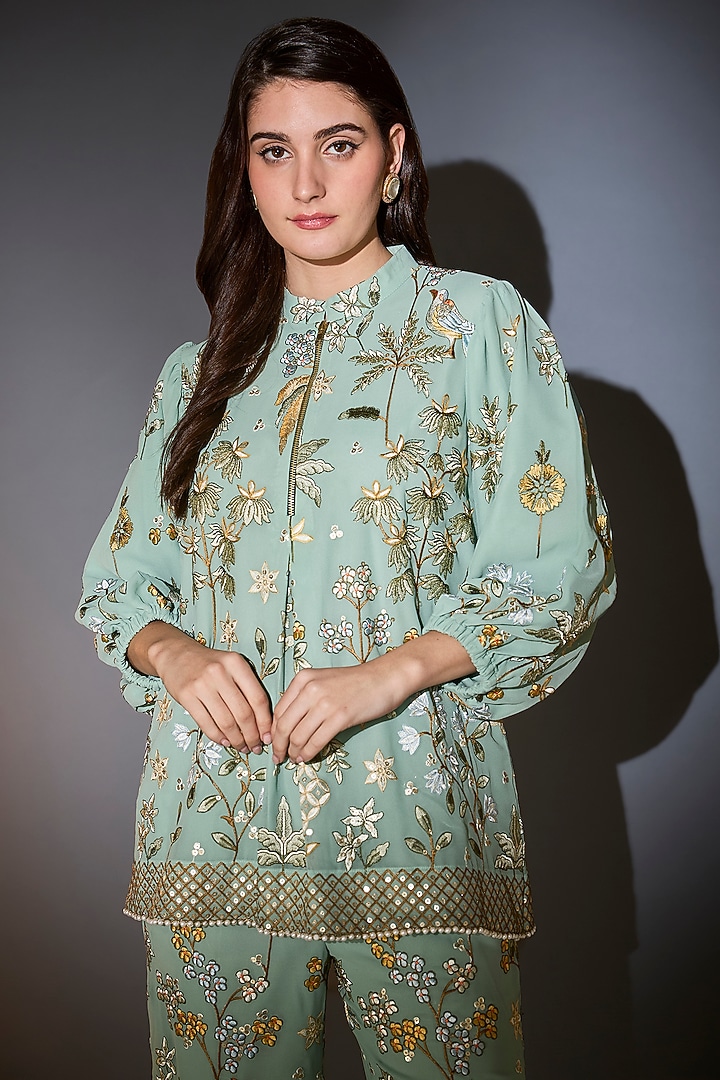 Sage Green Georgette Thread & Floral Embroidered Co-Ord Set by Kasbah at Pernia's Pop Up Shop