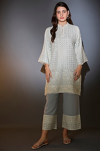 Powder Blue Georgette Sequin Embroidered Kurta Set by Kasbah