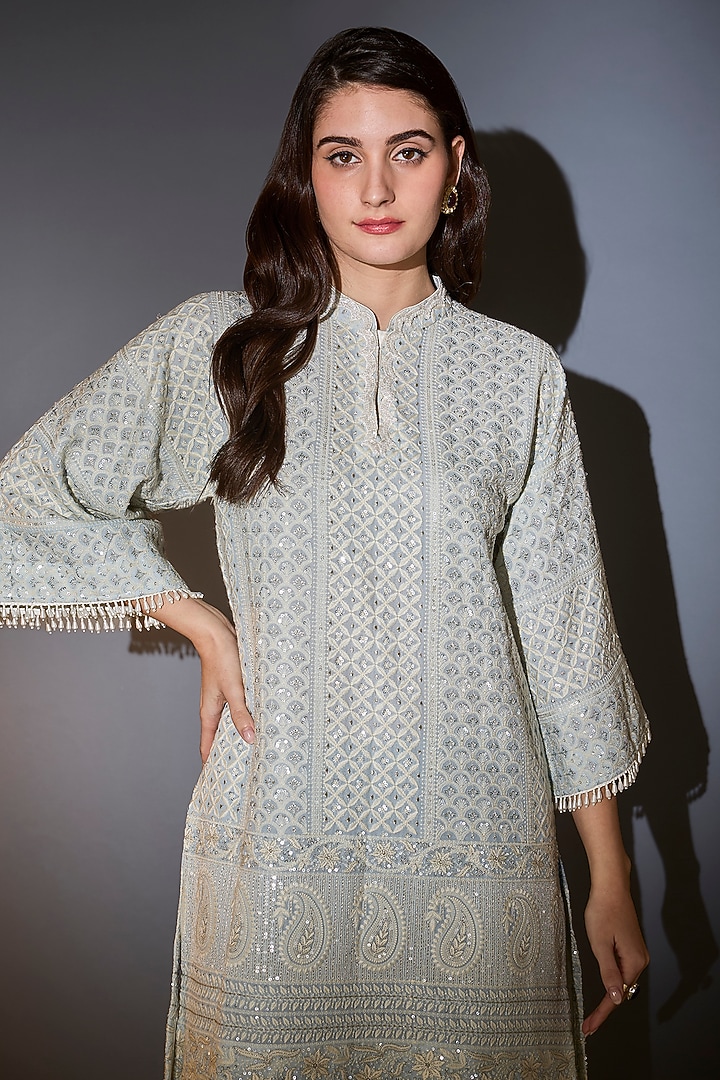 Powder Blue Georgette Sequin Embroidered Kurta Set by Kasbah at Pernia's Pop Up Shop