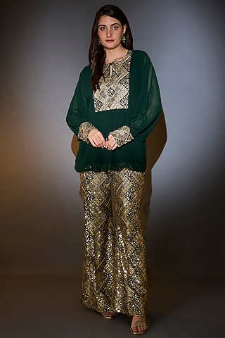 Green & Gold Georgette Sequin Embroidered Co-Ord Set by Kasbah