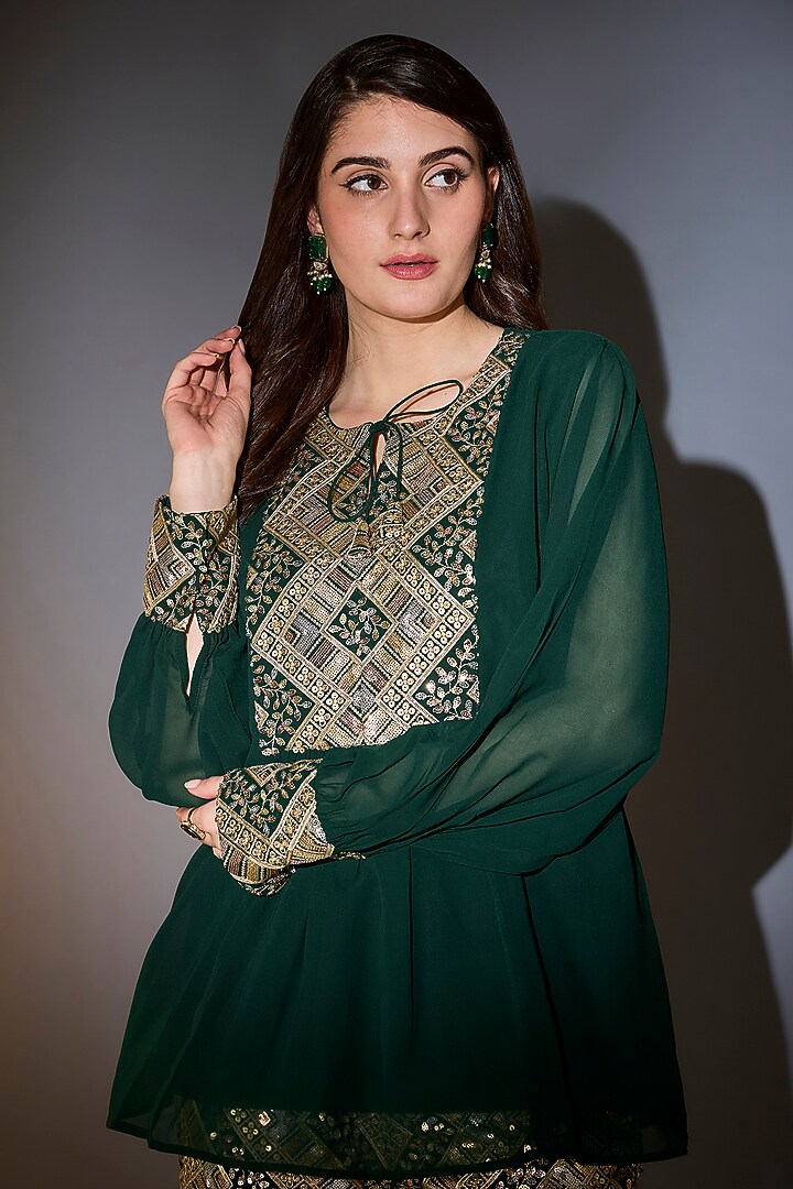 Green & Gold Georgette Sequin Embroidered Co-Ord Set by Kasbah at Pernia's Pop Up Shop