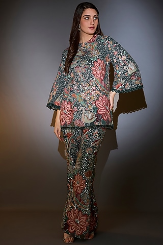 Green Georgette Sequins Embroidered Co-Ord Set by Kasbah