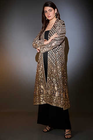 Black & Gold Georgette Patchwork Jacket Set by Kasbah