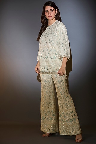 White & Aqua Georgette Chikankari Embroidered Co-Ord Set by Kasbah