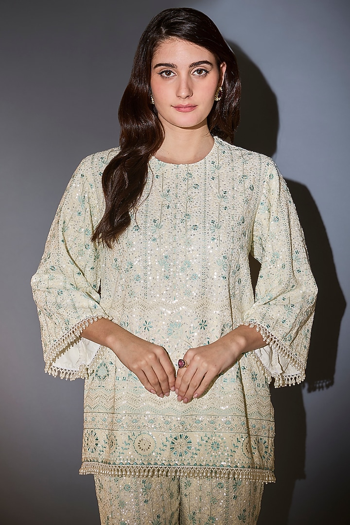 White & Aqua Georgette Chikankari Embroidered Co-Ord Set by Kasbah at Pernia's Pop Up Shop