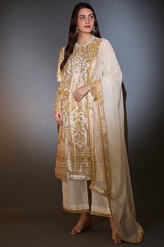 Ivory & Yellow Silk Threadwork Kurta Set by Kasbah