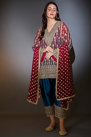 Purple Georgette Hand Embroidered Kurta Set by Kasbah