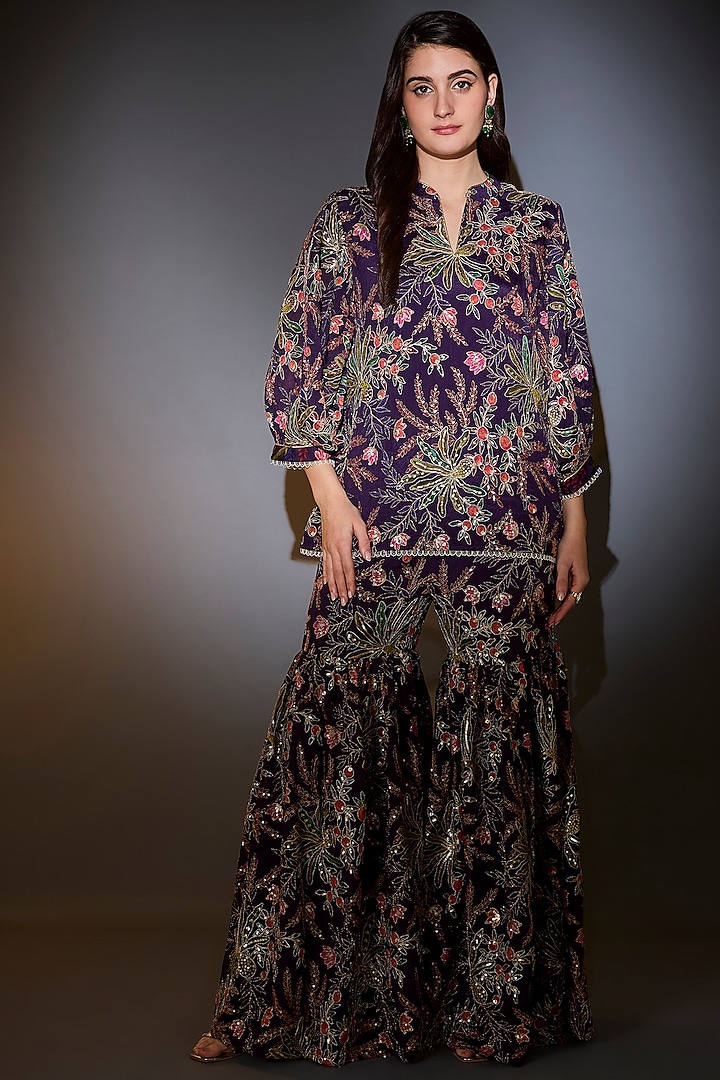 Purple Georgette Floral Embroidered Co-Ord Set by Kasbah at Pernia's Pop Up Shop