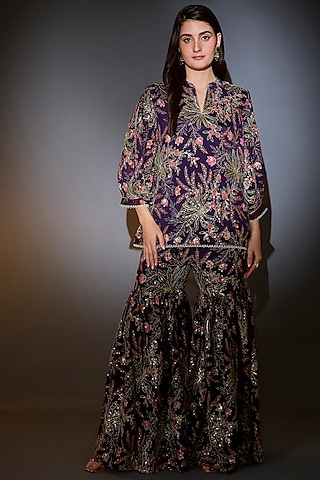 Purple Georgette Floral Embroidered Co-Ord Set by Kasbah