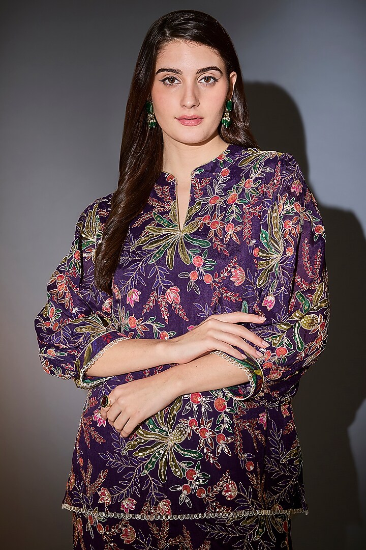 Purple Georgette Floral Embroidered Co-Ord Set by Kasbah at Pernia's Pop Up Shop