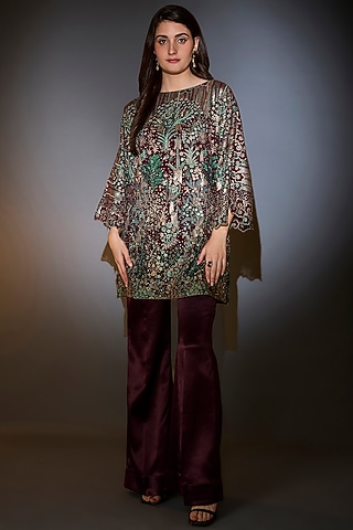 Wine Georgette Sequins Work Co-Ord Set by Kasbah