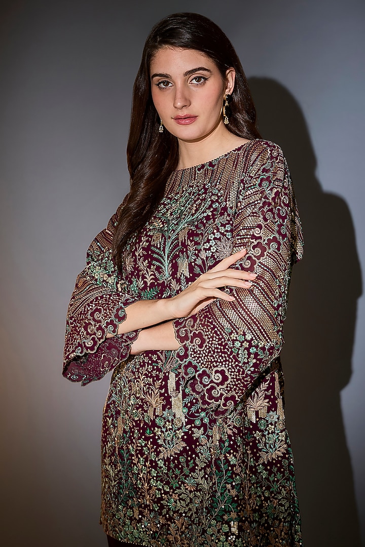 Wine Georgette Sequins Work Co-Ord Set by Kasbah at Pernia's Pop Up Shop