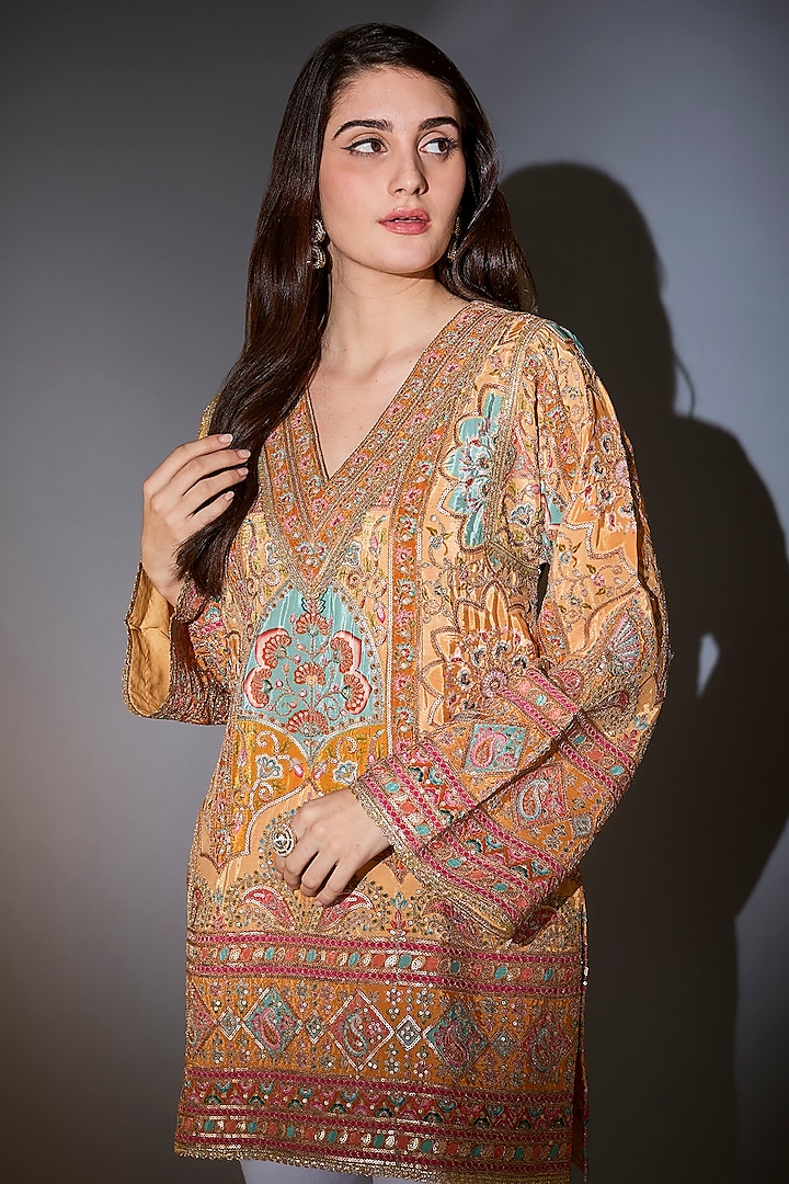 Mustard Crepe Thread Work Tunic by Kasbah at Pernia's Pop Up Shop