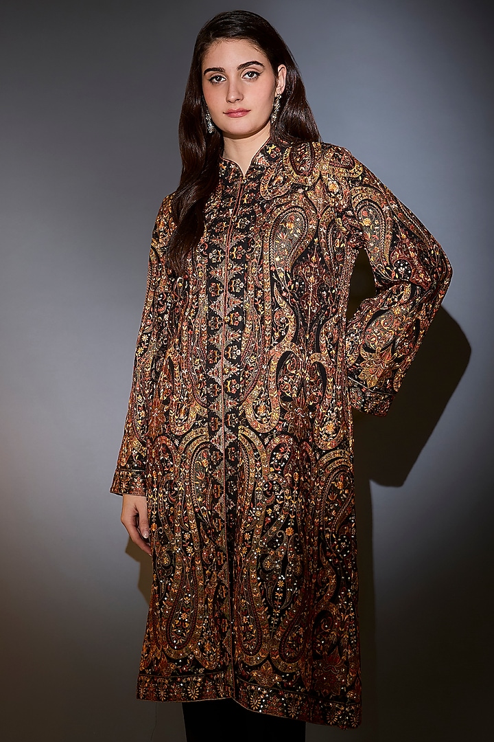 Black Georgette Thread Work Long Kashmiri Jacket by Kasbah at Pernia's Pop Up Shop