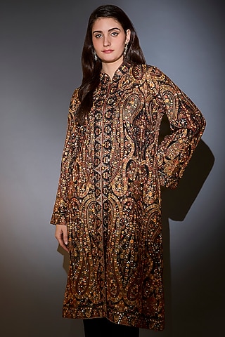 Black Georgette Thread Work Long Kashmiri Jacket by Kasbah
