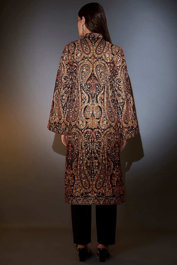 Black Georgette Thread Work Long Kashmiri Jacket by Kasbah at Pernia's Pop Up Shop
