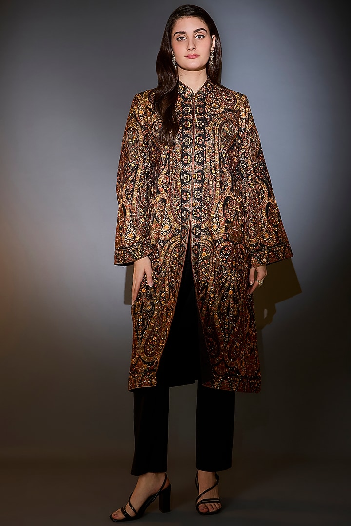 Black Georgette Thread Work Long Kashmiri Jacket by Kasbah at Pernia's Pop Up Shop