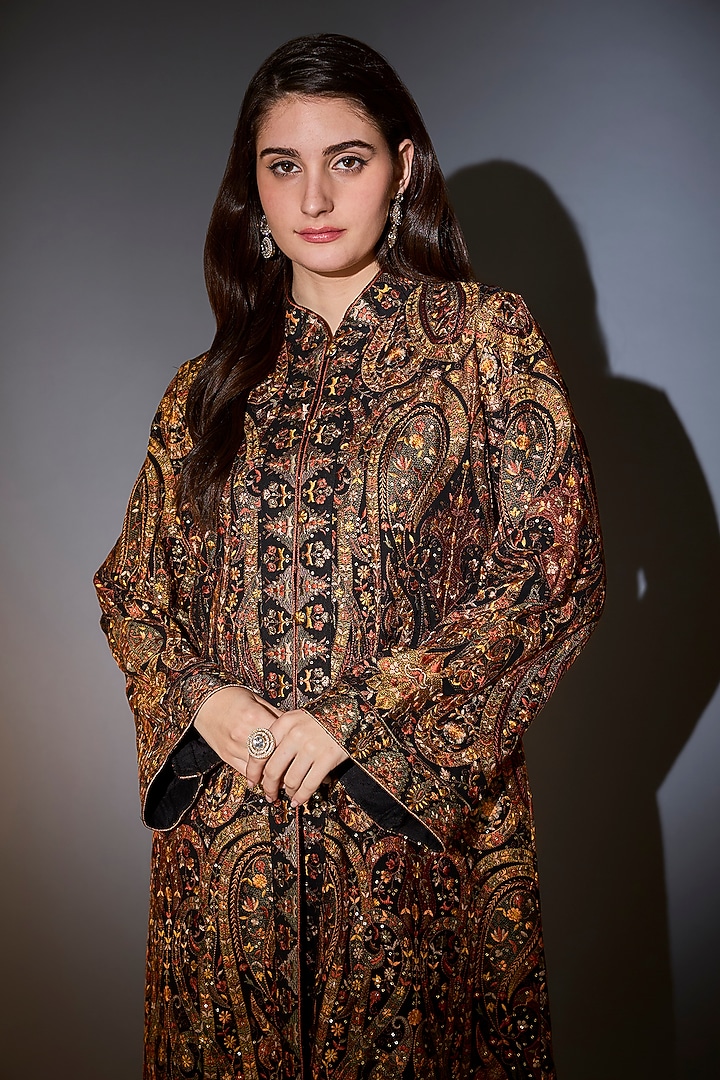 Black Georgette Thread Work Long Kashmiri Jacket by Kasbah at Pernia's Pop Up Shop