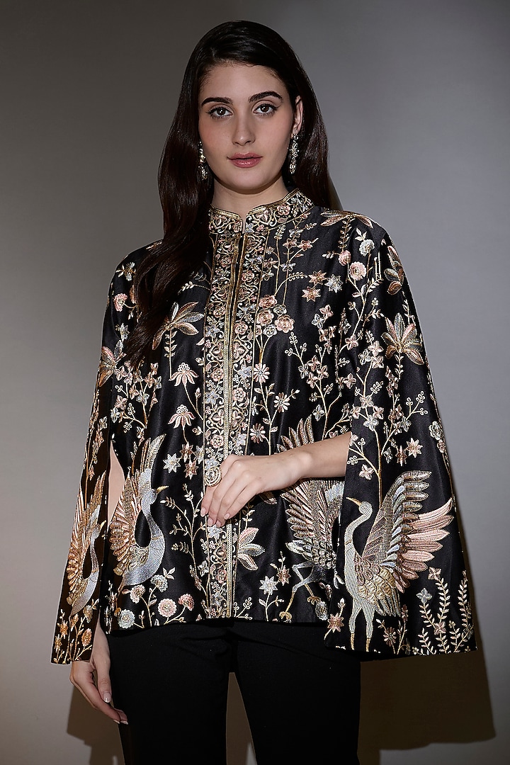 Black Satin Silk Threadwork Cape by Kasbah at Pernia's Pop Up Shop