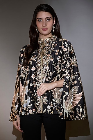 Black Satin Silk Threadwork Cape by Kasbah