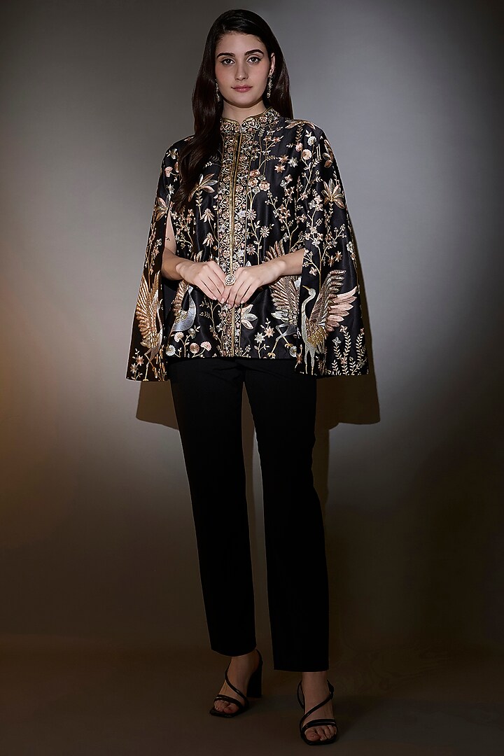 Black Satin Silk Threadwork Cape by Kasbah at Pernia's Pop Up Shop