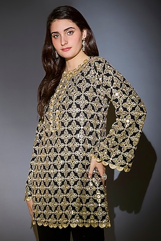 Black Georgette Zari Embroidered Tunic by Kasbah