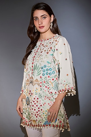 White Silk Thread Embroidered Tunic by Kasbah
