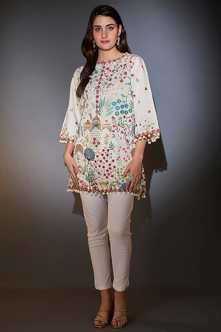White Silk Thread Embroidered Tunic by Kasbah at Pernia's Pop Up Shop