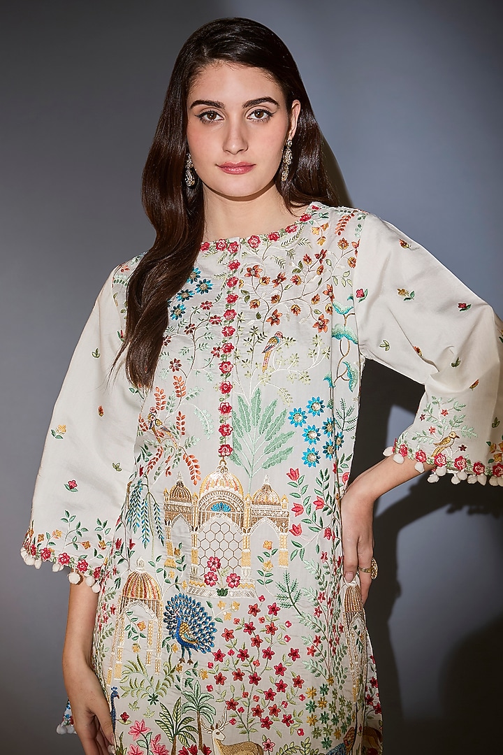 White Silk Thread Embroidered Tunic by Kasbah at Pernia's Pop Up Shop