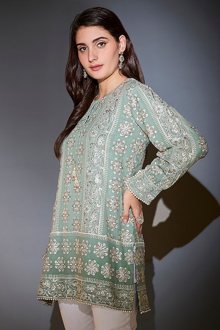 Sage Green Georgette Chikankari Work Tunic by Kasbah at Pernia's Pop Up Shop