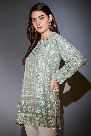 Sage Green Georgette Chikankari Work Tunic by Kasbah