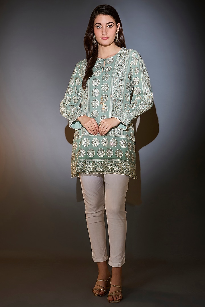 Sage Green Georgette Chikankari Work Tunic by Kasbah at Pernia's Pop Up Shop
