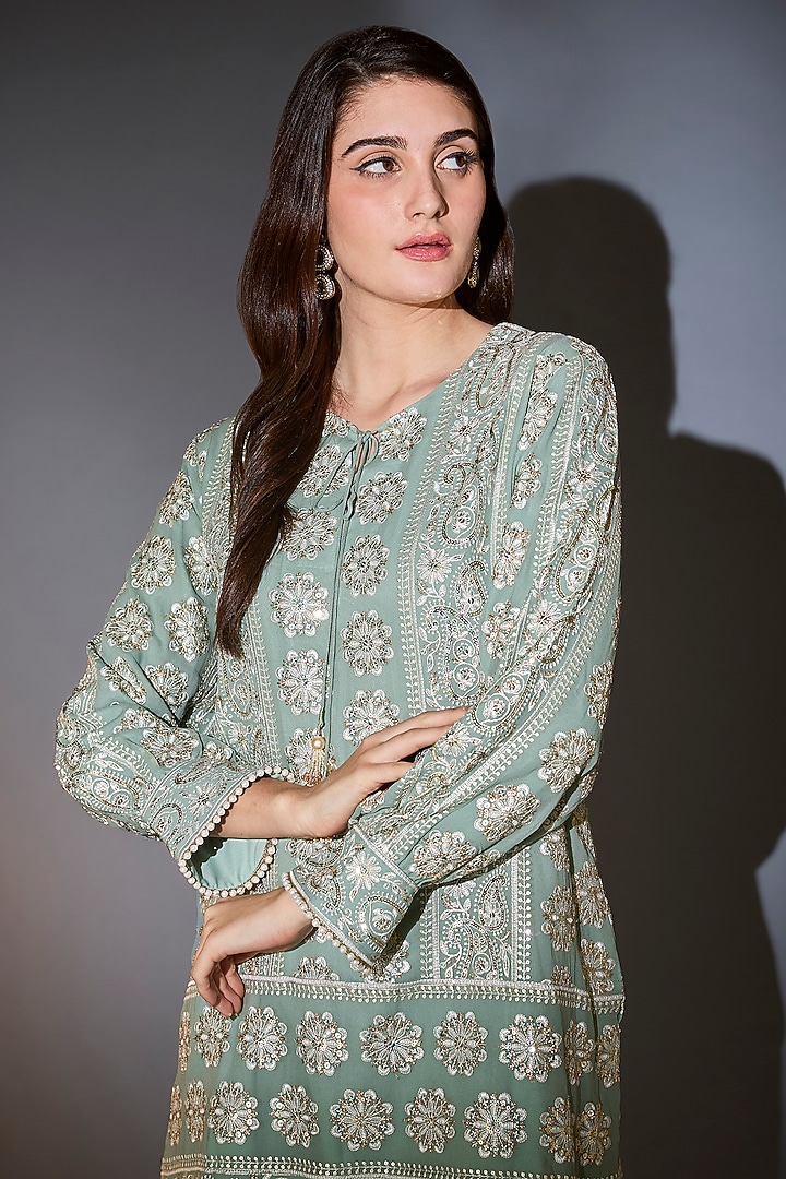 Sage Green Georgette Chikankari Work Tunic by Kasbah at Pernia's Pop Up Shop
