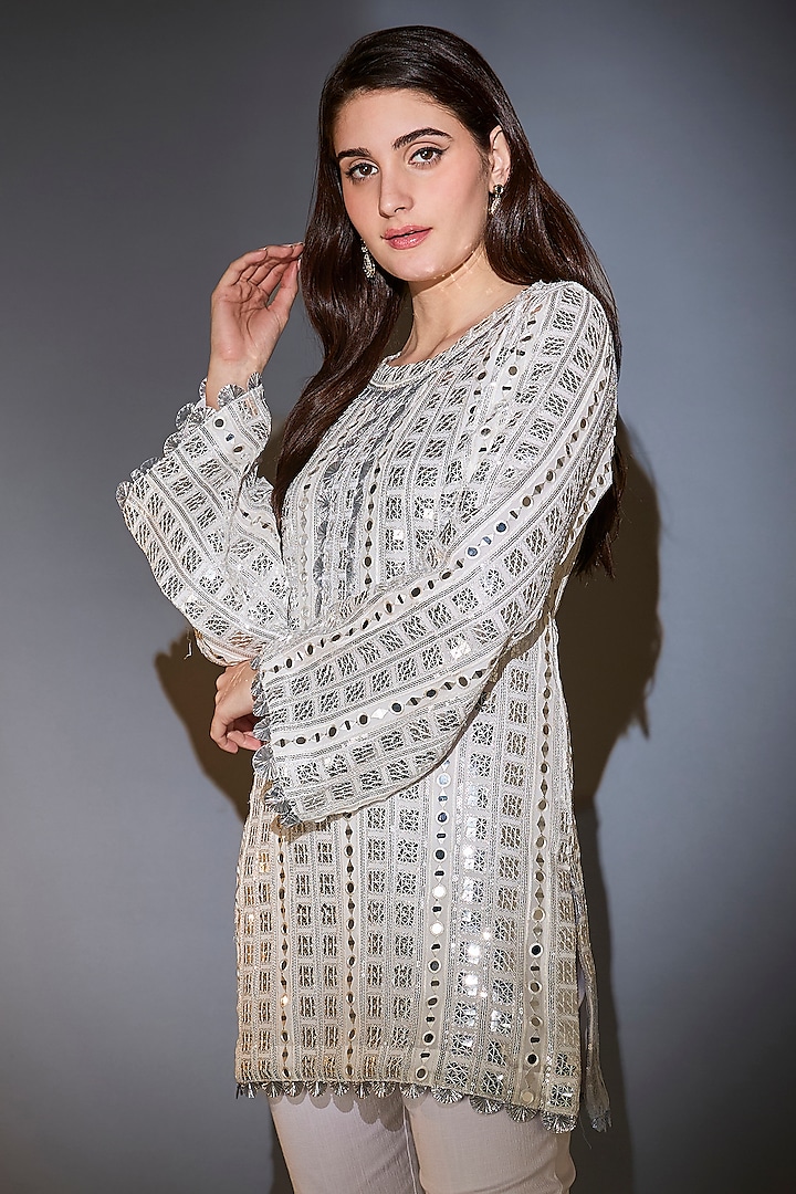 White Georgette Mirror Work Tunic by Kasbah at Pernia's Pop Up Shop