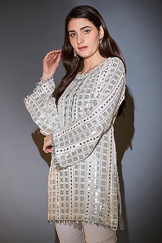 White Georgette Mirror Work Tunic by Kasbah