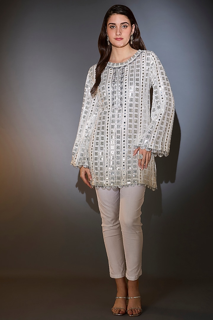 White Georgette Mirror Work Tunic by Kasbah at Pernia's Pop Up Shop