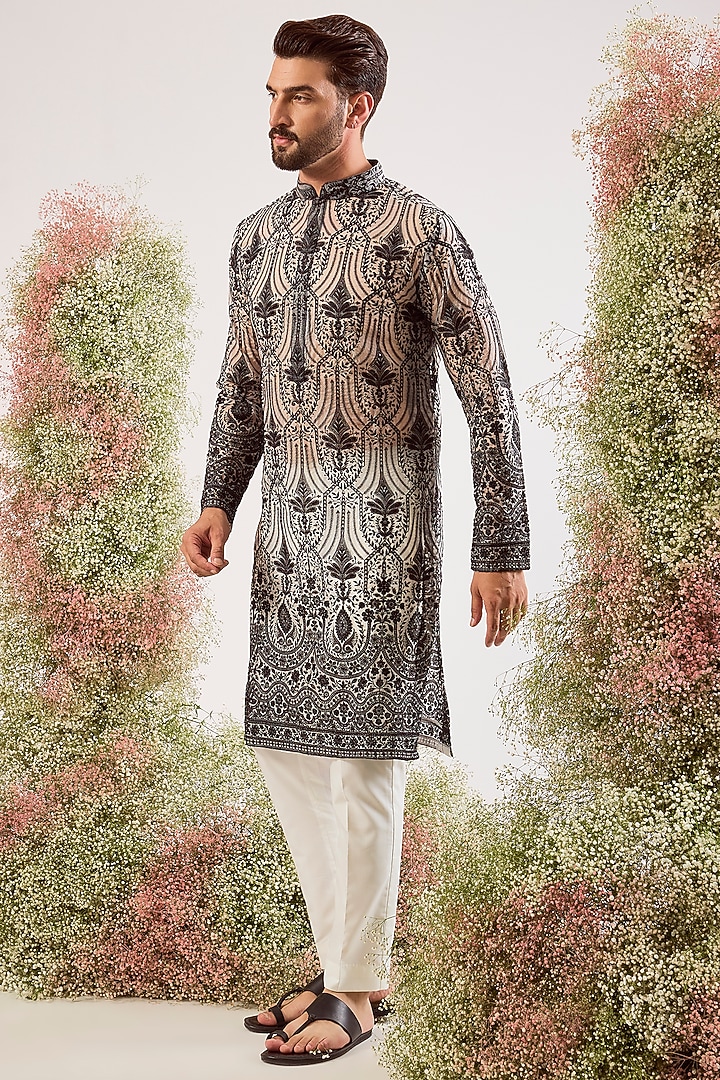 Black Organza Chikankari Embroidered Kurta by Kasbah Clothing at Pernia's Pop Up Shop